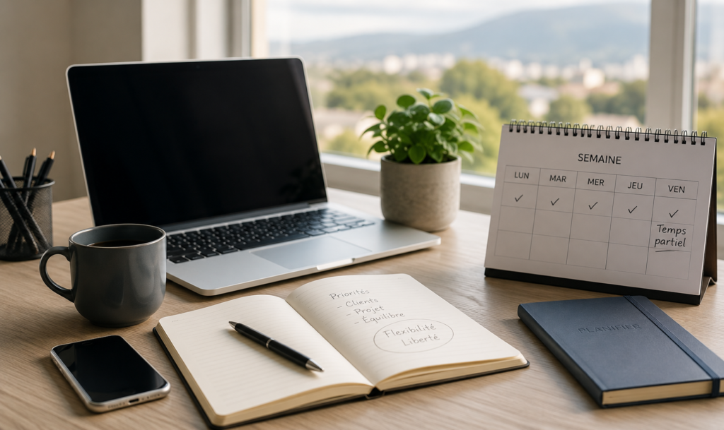 Bureau moderne avec ordinateur portable et calendrier représentant le travail à temps partiel, le payrolling et la flexibilité professionnelle en Suisse.