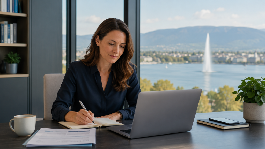 Consultante travaillant dans un bureau moderne avec vue sur le lac Léman, illustrant le travail indépendant et le payrolling en Suisse.